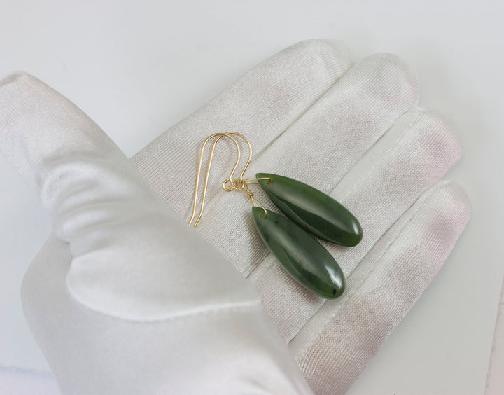 Jade Earrings Natural Green Nephrite Smooth Long Teardrop Drops 14k Solid Gold or Filled or Sterling Silver Earthy Rich Classic Simple Drops