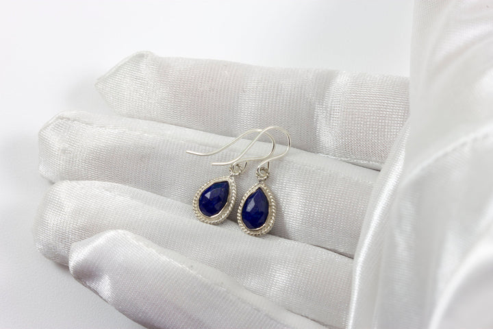 Lapis Lazuli Earrings Natural Blue Fancy Bezel Small Tiny Lightweight Sterling Silver or 14k solid gold or filled Simple Drops 1 Inch