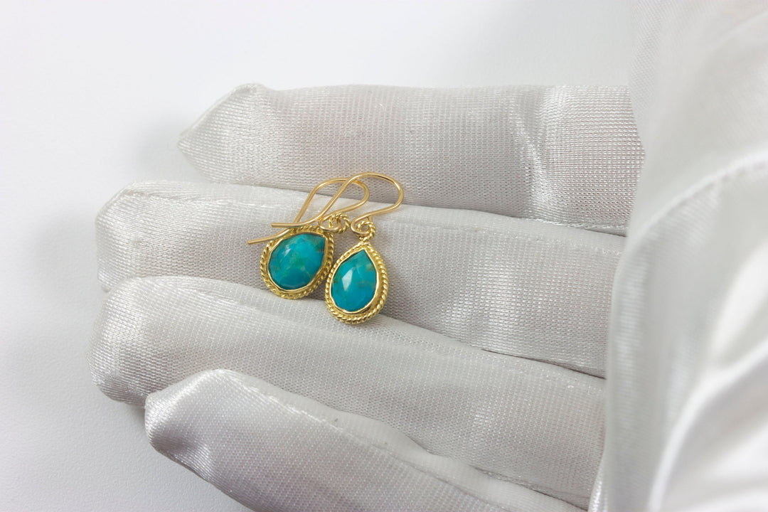 Turquoise Earrings Natural Blue Fancy Bezel Small Dainty Lightweight 14k solid yellow gold or filled or Sterling Silver Simple Drops 1 Inch