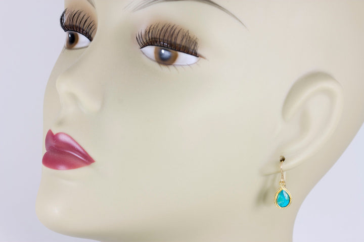 Turquoise Earrings Natural Blue Fancy Bezel Small Dainty Lightweight 14k solid yellow gold or filled or Sterling Silver Simple Drops 1 Inch