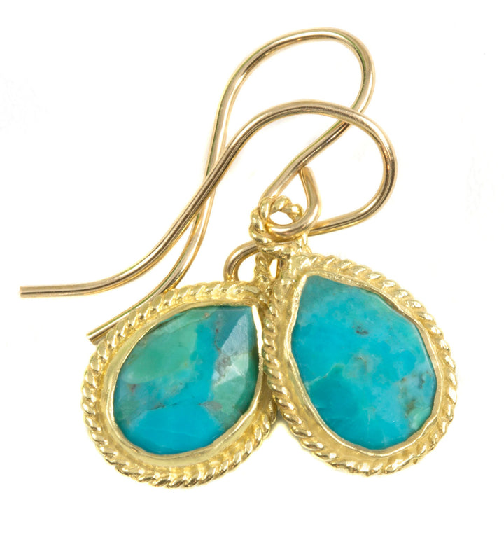 Turquoise Earrings Natural Blue Fancy Bezel Small Dainty Lightweight 14k solid yellow gold or filled or Sterling Silver Simple Drops 1 Inch