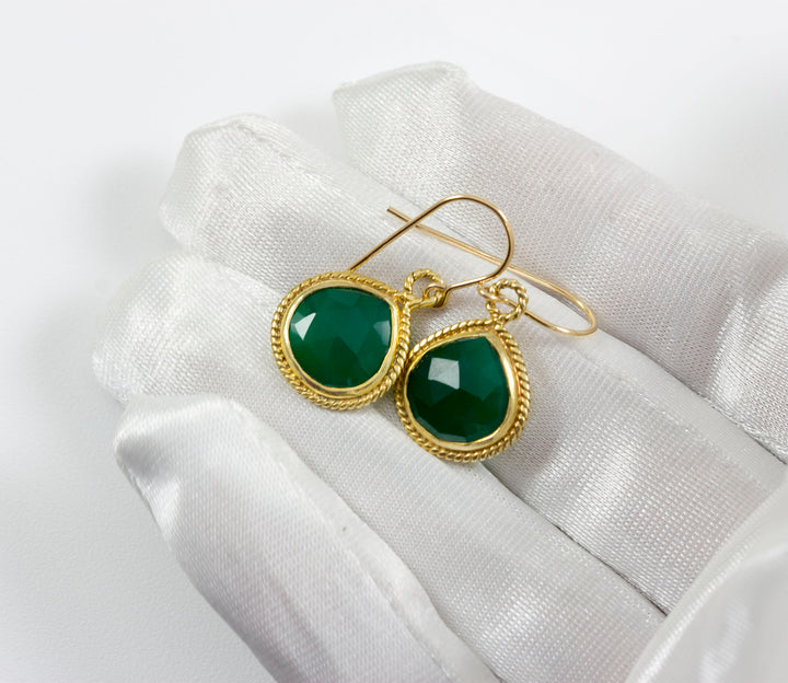 Green Onyx Earrings Natural Fancy Bezel Pear Teardrop Shape 14k solid yellow gold or filled Simple Classic Drops 1 Inch Heart Shaped Drops