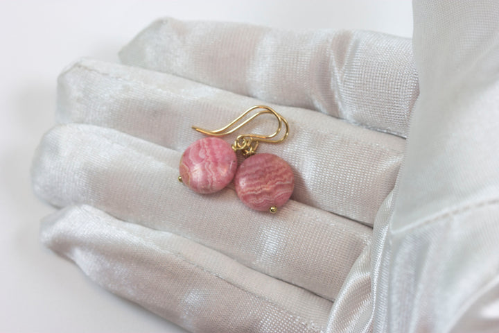 Pink Rhodochrosite Earrings Smooth Natural Round Button Dainty Sterling Silver or 14k Solid Gold or Filled Natural Earthy Pink Simple Drop