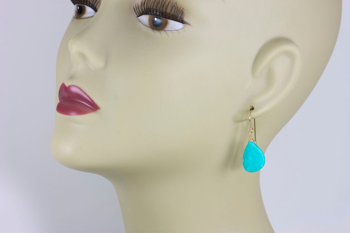 Amazonite Earrings Bright Blue Aqua Smooth Curved Teardrop Long Sterling Silver or 14k Solid Gold or Gold Filled Pale Soft Blue Drops
