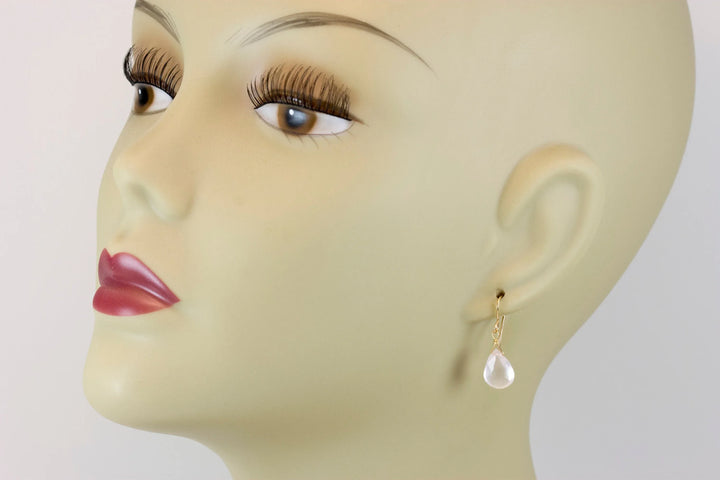 Rose Quartz Earrings Pink Faceted Teardrop Dangle Sterling Silver or 14k Solid Gold or Filled Classic Pear Shape Dainty Simple Soft color - Spyglass Designs