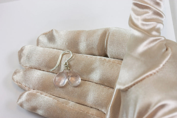 Rose Quartz Earrings Pink Faceted Teardrop Dangle Sterling Silver or 14k Solid Gold or Filled Classic Pear Shape Dainty Simple Soft color - Spyglass Designs