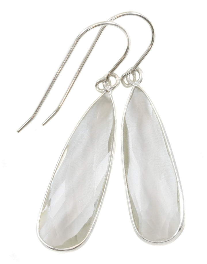 Crystal Clear Quartz Earrings Long Faceted Bezel Set Teardrop Drops Sterling Silver Neutral Everyday Classic Drops