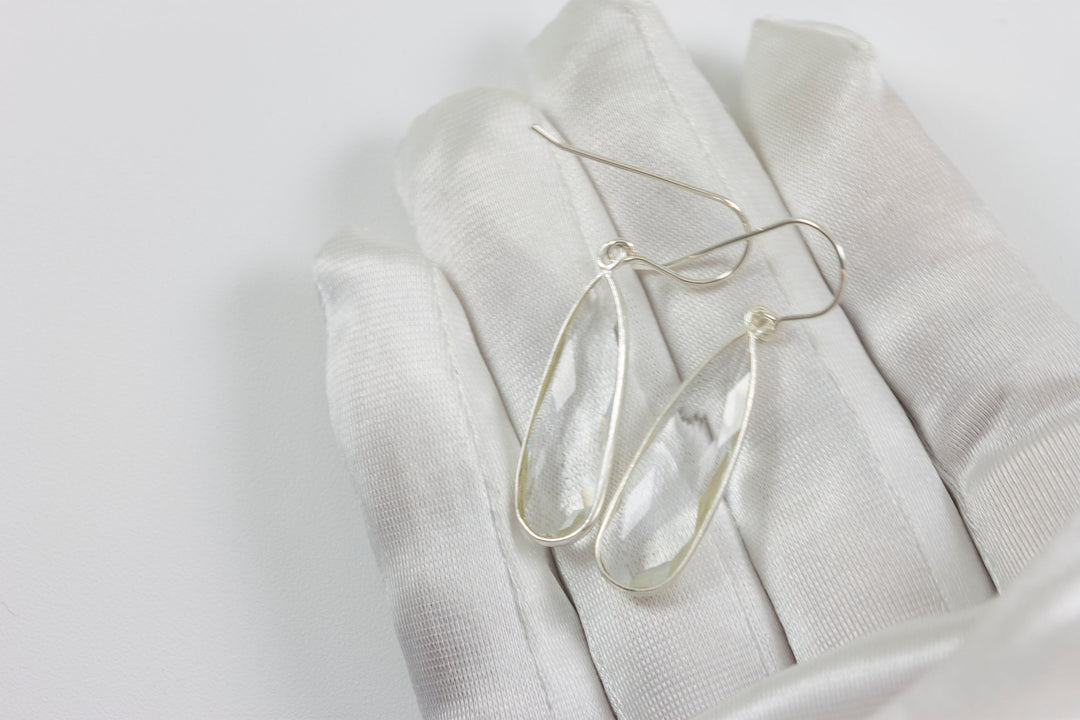 Crystal Clear Quartz Earrings Long Faceted Bezel Set Teardrop Drops Sterling Silver Neutral Everyday Classic Drops