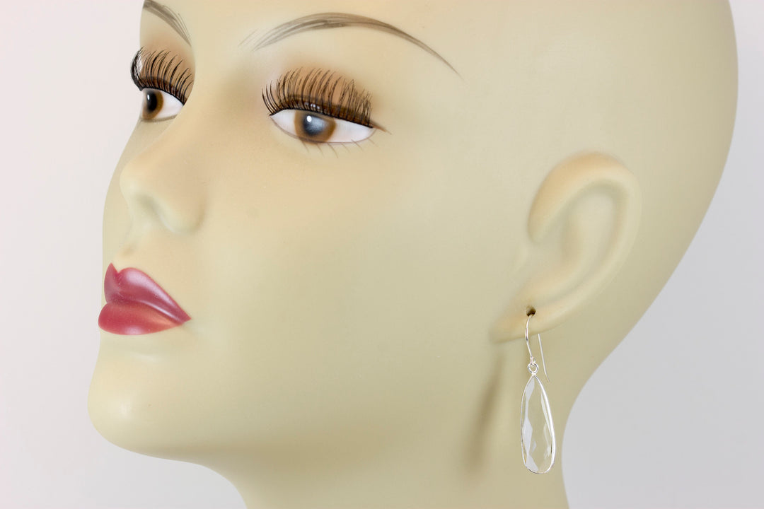 Crystal Clear Quartz Earrings Long Faceted Bezel Set Teardrop Drops Sterling Silver Neutral Everyday Classic Drops