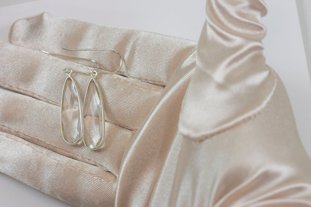 Crystal Clear Quartz Earrings Long Faceted Bezel Set Teardrop Drops Sterling Silver Neutral Everyday Classic Drops