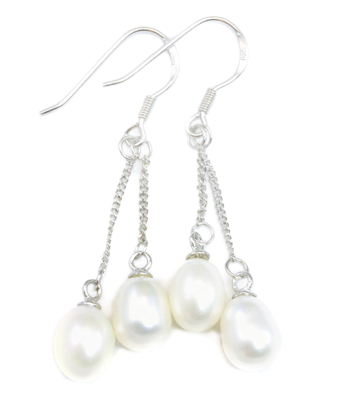 Pearl Earrings White or Peacock Black Potato Shape Double Hung Two Pearls Sterling Silver Ball Post Studs Simple Dainty Dangles 1.6 inches