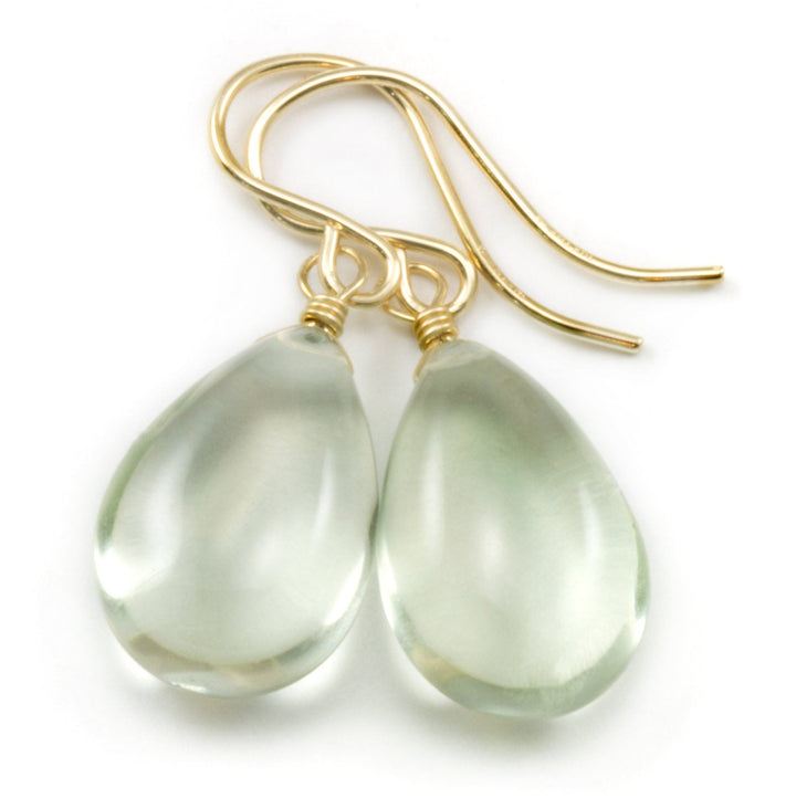 Green Prasiolite Amethyst Earrings Smooth Teardrop Drops Sterling Silver or 14k Solid Gold or Filled Pear Classic Simple  Soft Pale Green