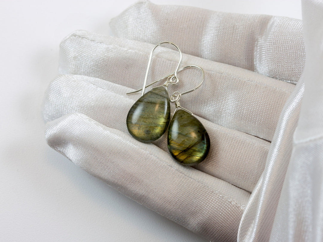 Labradorite Earrings Sterling Silver or 14k Solid Gold or Filled Smooth Fat Teardrop Large AAA Blue Green Golden Flash Pear Shape Natural