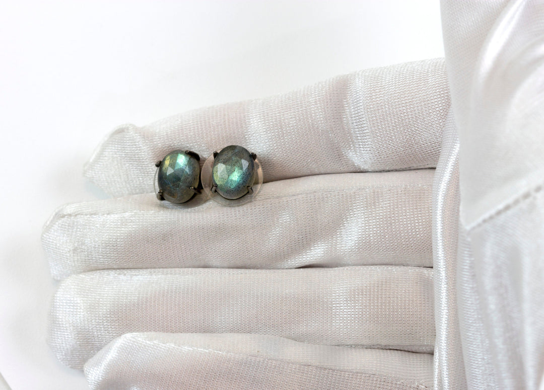 Labradorite Earrings Oval Post Studs Black Rhodium Plated Sterling Silver blue flash faceted oval stones simple classic 10mm