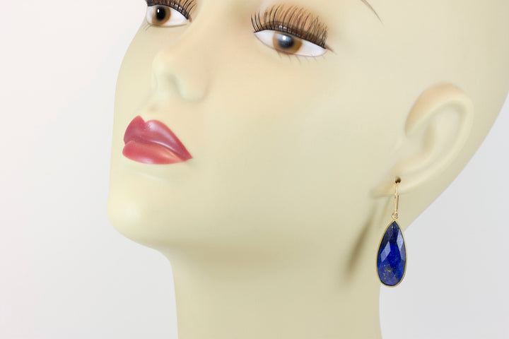 Lapis Lazuli Earrings 14k yellow gold or fill Natural Blue Bezel Long Facet Teardrop Simple Drops 1.7 or 1.4 Inch Classic Drops Pyrite Fleck