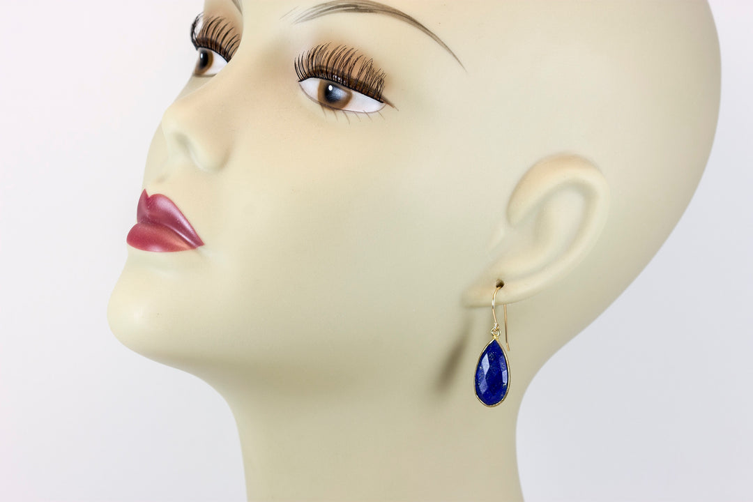 Lapis Lazuli Earrings 14k yellow gold or fill Natural Blue Bezel Long Facet Teardrop Simple Drops 1.7 or 1.4 Inch Classic Drops Pyrite Fleck