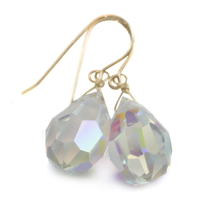 Crystal Clear Mystic Earrings Large Fat Faceted Teardrop Drops 14k Solid Gold or Filled or Sterling Silver Briolettes Rainbow Color Simple - Spyglass Designs
