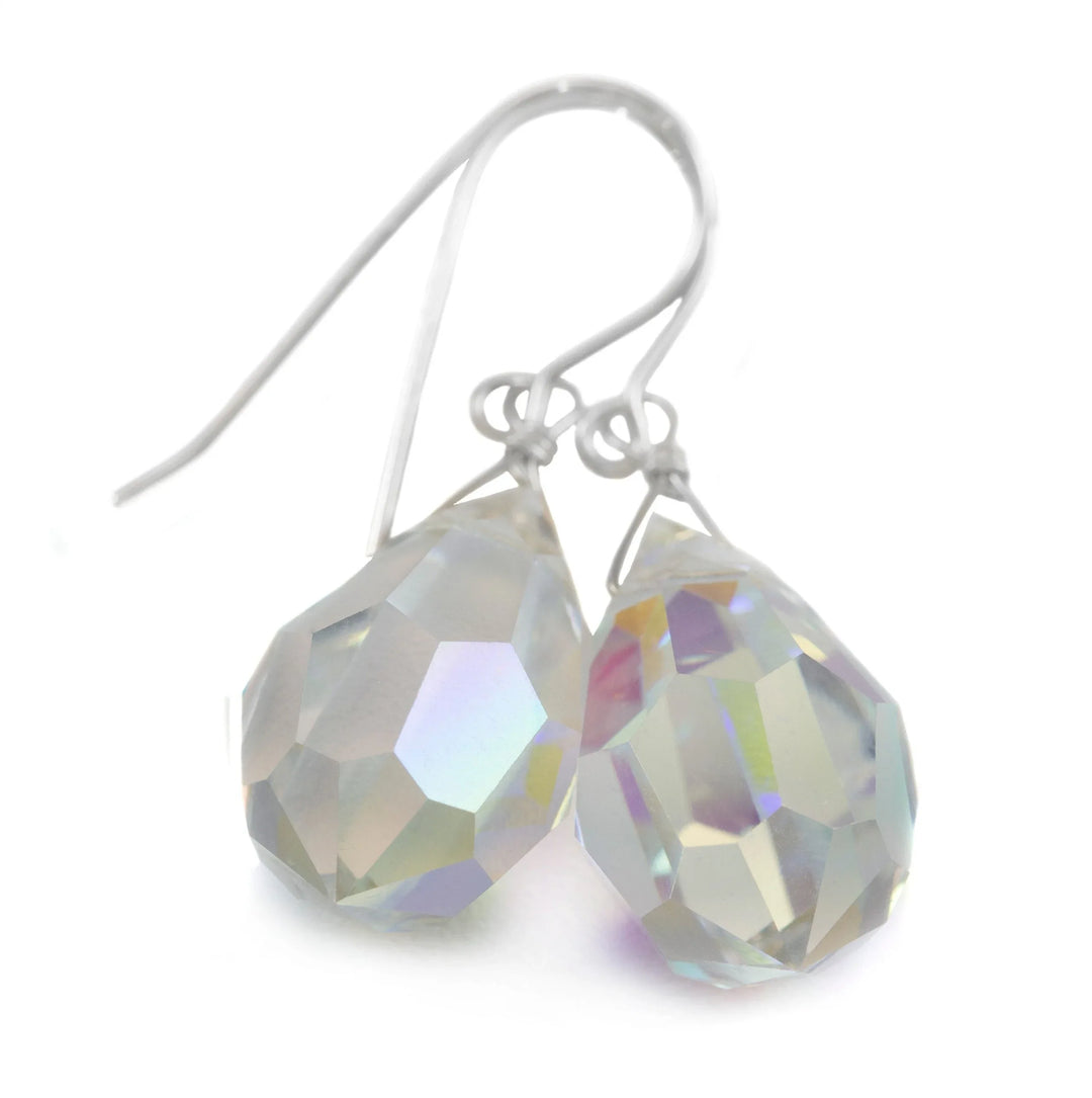 Crystal Clear Mystic Earrings Large Fat Faceted Teardrop Drops 14k Solid Gold or Filled or Sterling Silver Briolettes Rainbow Color Simple - Spyglass Designs