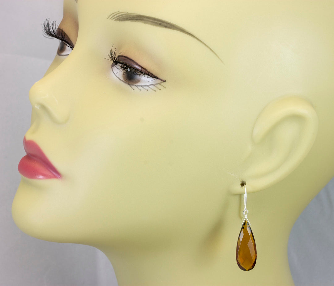 Madeira Citrine Earrings Large Simulated Faceted Briolette Long Teardrops Drop 14k gold filled or Sterling Silver Rich Dark Yellow Amber