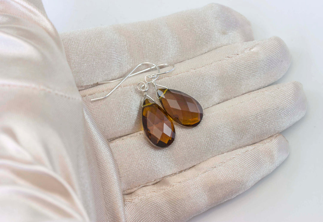 Madeira Citrine Earrings Large Simulated Faceted Briolette Pear Teardrops 14k solid gold or filled or Sterling Silver Rich Dark Yellow Amber