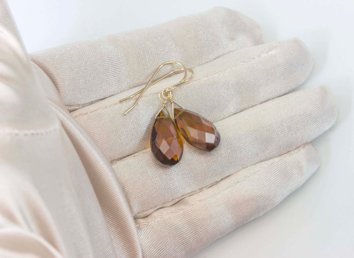 Madeira Citrine Earrings Large Simulated Faceted Briolette Pear Teardrops 14k solid gold or filled or Sterling Silver Rich Dark Yellow Amber