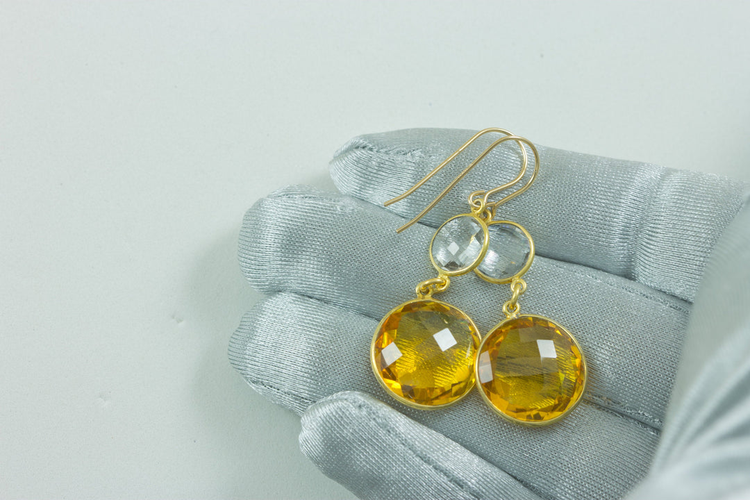 Yellow Citrine Quartz Earrings Simulate faceted Round Double Drop Clear Quartz 14k solid gold or filled Bezel Set Spyglass Designs Simple