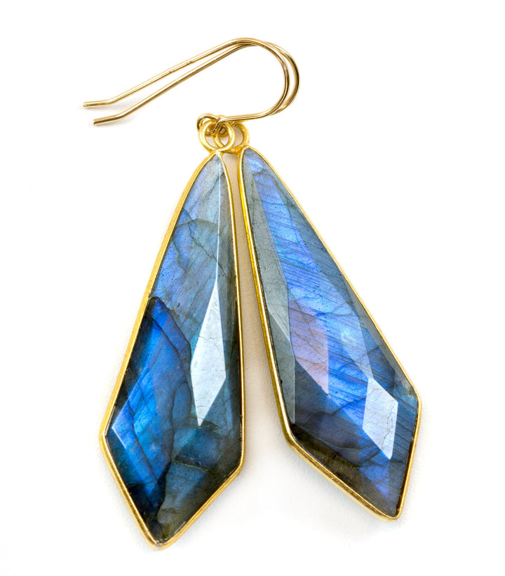 Labradorite Earrings Natural Long Large 2.5 Inches 14k solid gold or filled  or Sterling Silver Pointed Teardrop Drops  Blue Flash Drops