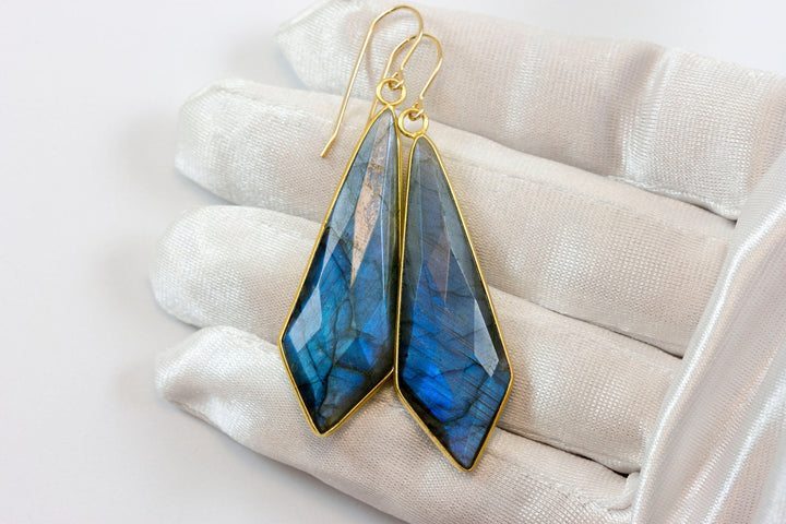 Labradorite Earrings Natural Long Large 2.5 Inches 14k solid gold or filled  or Sterling Silver Pointed Teardrop Drops  Blue Flash Drops