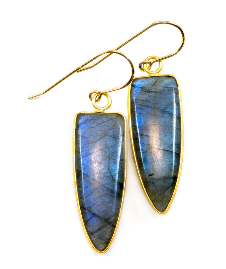 Labradorite Earrings Natural Smooth Large 1.8 Inches 14k solid gold or filled Pointed Teardrop Drops  Blue Flash High Quality Stones