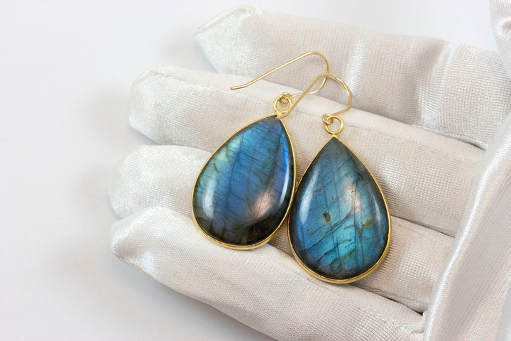 Labradorite Earrings Natural Smooth Super Large 1.8 Inches 14k solid gold or filled Teardrop Drops Blue Flash High Quality Stones