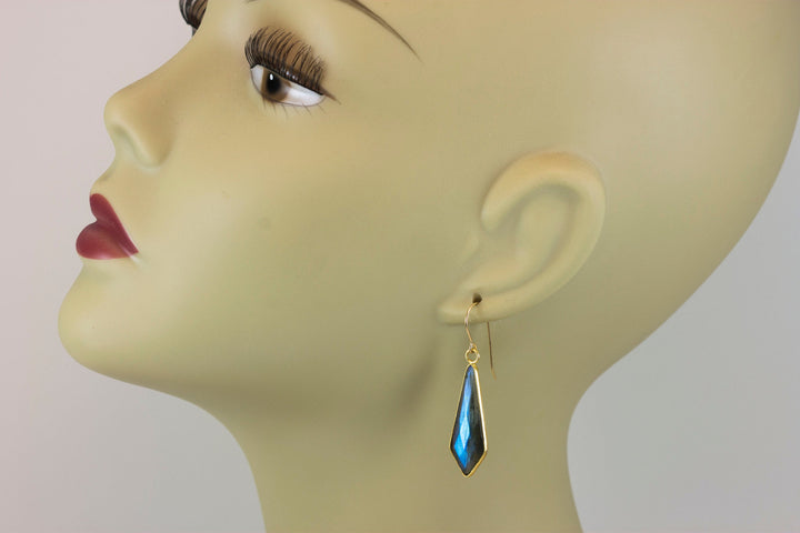 Labradorite Earrings Natural Long Large 1.8 Inches 14k solid gold or filled Pointed Teardrop Drops  Blue Flash High Quality Stones
