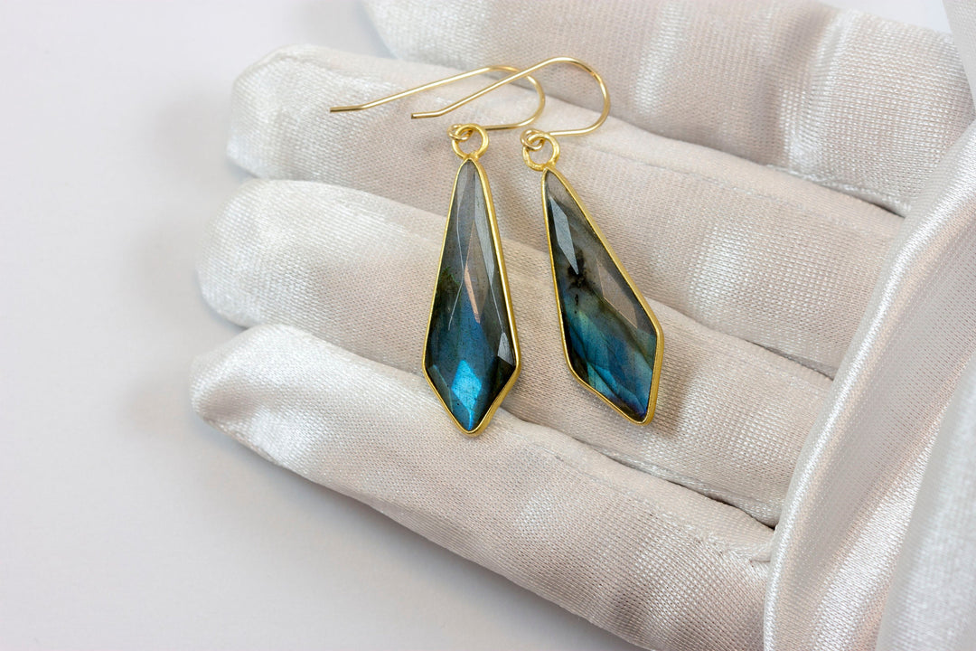 Labradorite Earrings Natural Long Large 1.8 Inches 14k solid gold or filled Pointed Teardrop Drops  Blue Flash High Quality Stones