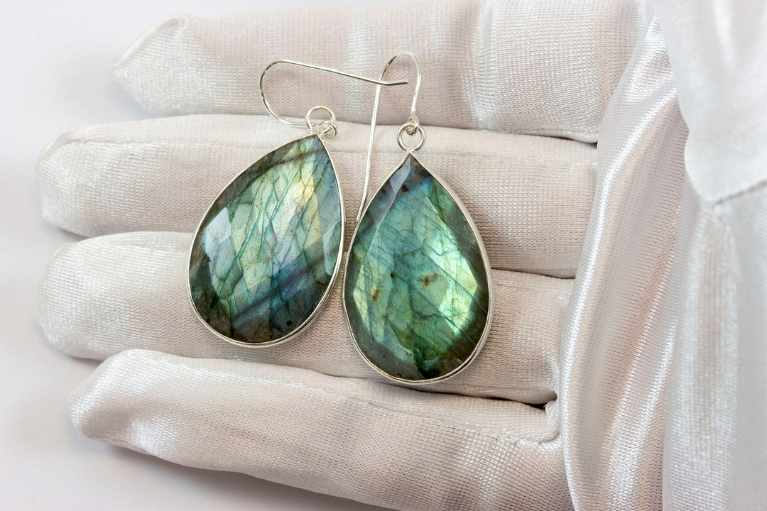 Labradorite Earrings Natural Faceted Super Large 1.8 Inches Sterling Silver or 14k solid gold or filled Teardrop Drops Blue Quality Stones