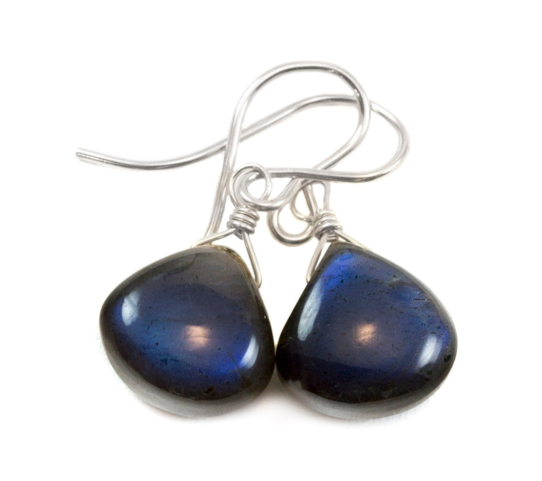 Labradorite  Earrings Sterling Silver or 14k Solid Gold or Filled Small Dainty Smooth Heart Teardrop AAA Blue Flash Pear Shape Natural Drops