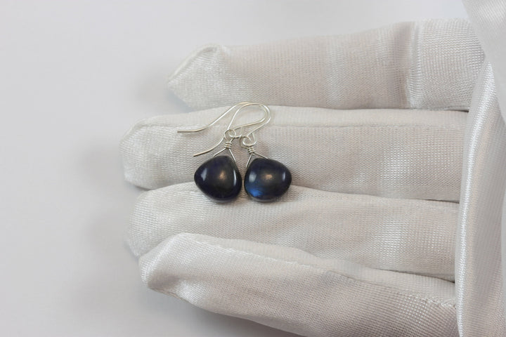 Labradorite  Earrings Sterling Silver or 14k Solid Gold or Filled Small Dainty Smooth Heart Teardrop AAA Blue Flash Pear Shape Natural Drops