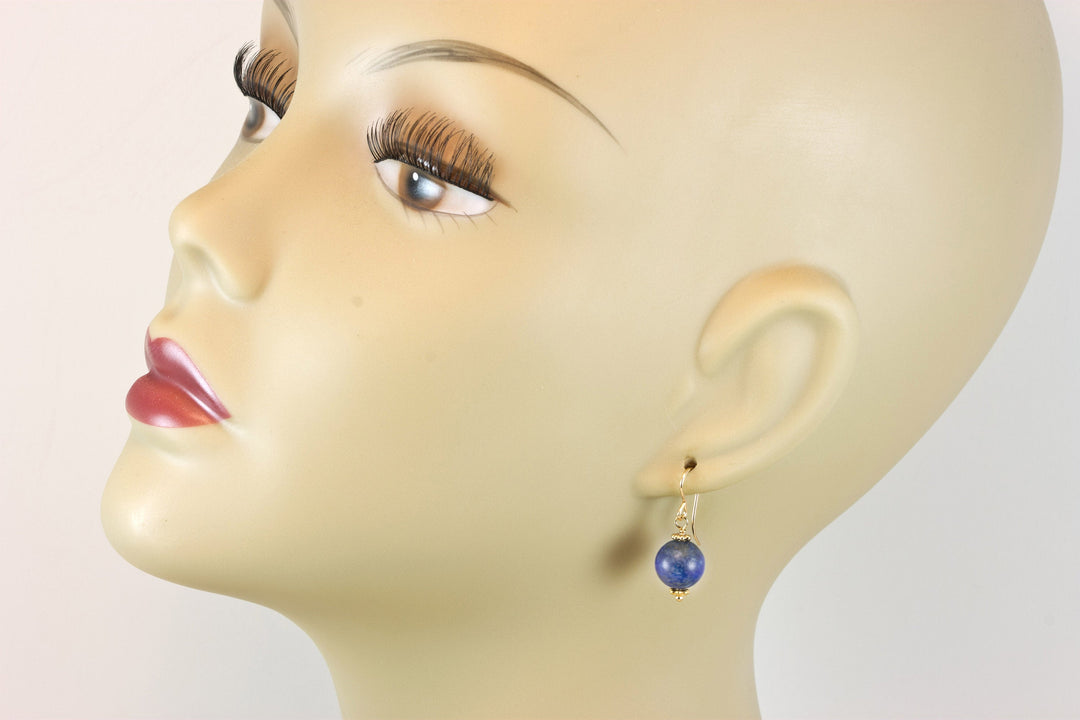 Lapis Lazuli Earrings Natural Dusty Blue Matt Round Dangles Sterling Silver or 14k Solid Gold or Filled Beaded Simple Basic Drops Pyrite