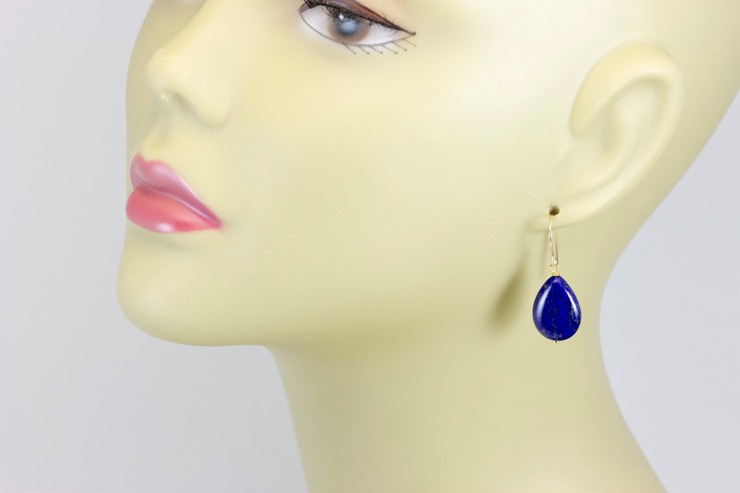 Blue Lapis Lazuli Earrings Natural Simple Smooth Teardrop Dangle Drops Sterling Silver or 14k Solid Gold or Filled Pyrite Spyglass Designs