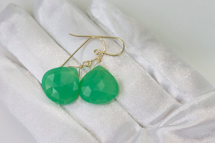 Chrysoprase Earrings Sterling Silver or 14k Solid Gold or Filled Faceted Large Heart Teardrop Apple Green Chalcedony Classic Natural Drops