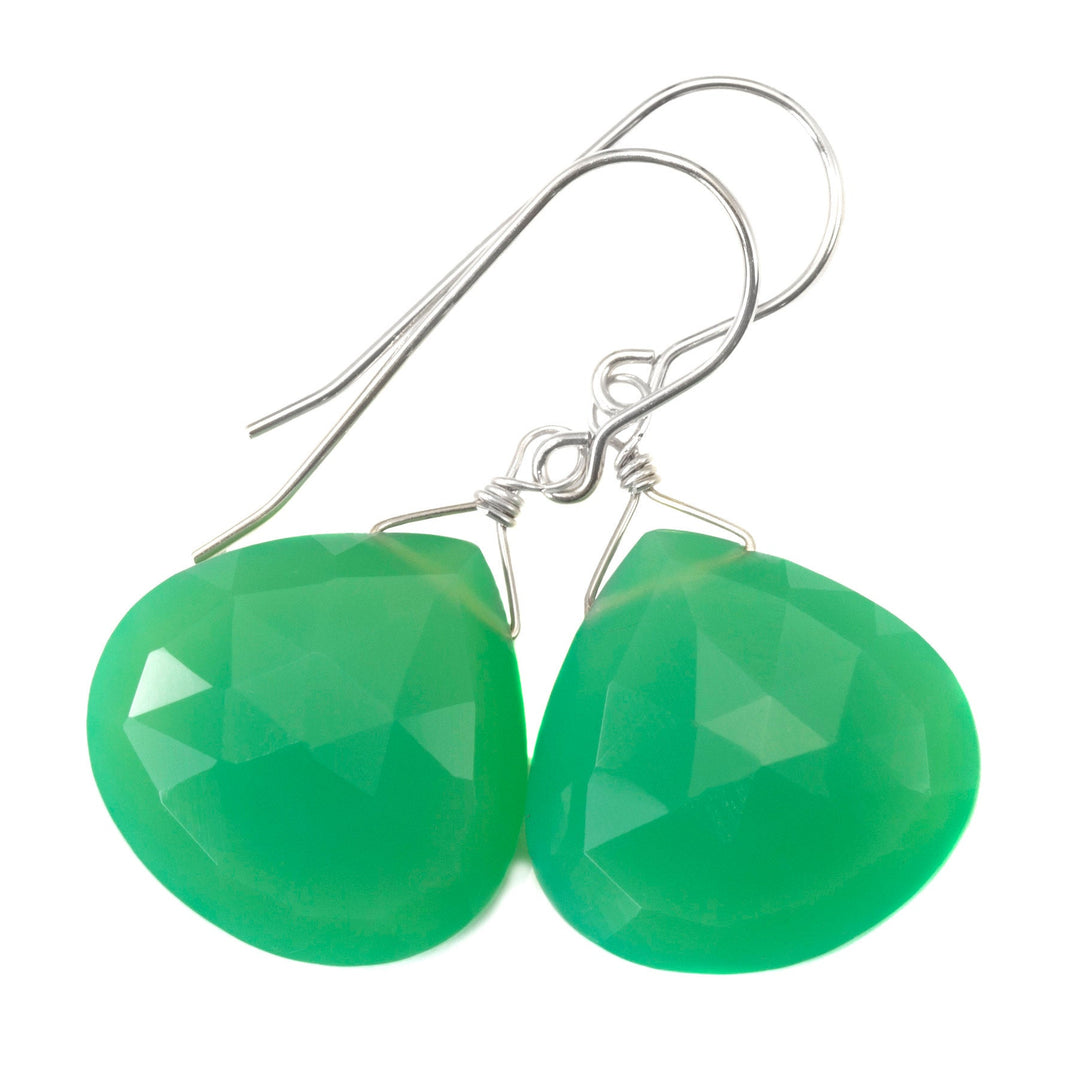 Chrysoprase Earrings Sterling Silver or 14k Solid Gold or Filled Faceted Large Heart Teardrop Apple Green Chalcedony Classic Natural Drops