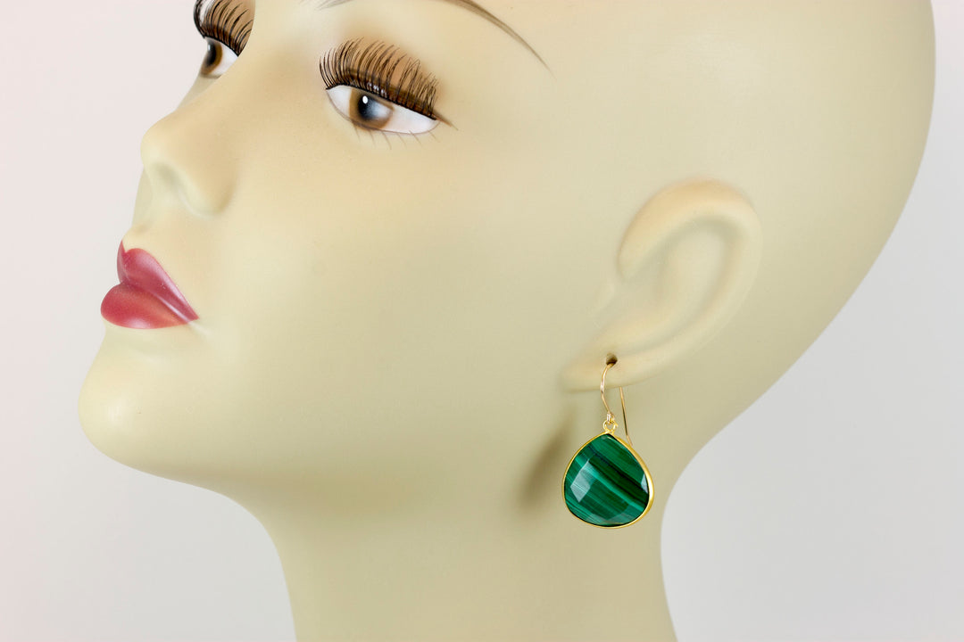 Malachite Earrings Green Heart shaped faceted Natural Dangle Drops 14k Solid Gold or Filled simple bezel Spyglass Designs Classic