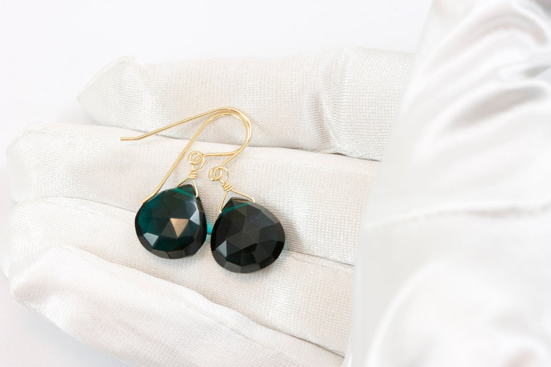 Simulated Teal Tourmaline Earrings Dark Teal Green Faceted Heart Teardrop Sterling Silver 14k Gold Filled Briolette