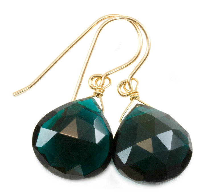 Simulated Teal Tourmaline Earrings Dark Teal Green Faceted Heart Teardrop Sterling Silver 14k Gold Filled Briolette
