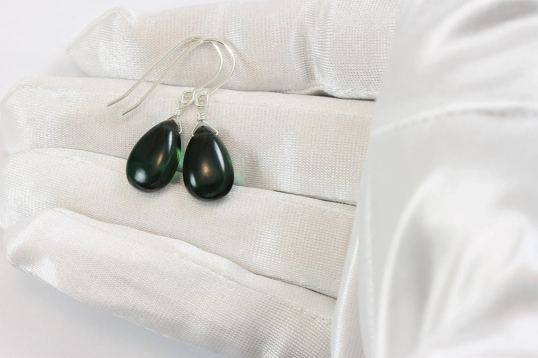 Quartz Earrings Simulated Green Smooth Teardrop Pear Drop Sterling Silver or 14k solid Gold or Filled Dainty Simple Green Dark Color Drops - Spyglass Designs