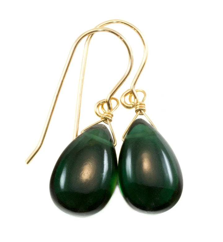 Quartz Earrings Simulated Green Smooth Teardrop Pear Drop Sterling Silver or 14k solid Gold or Filled Dainty Simple Green Dark Color Drops - Spyglass Designs