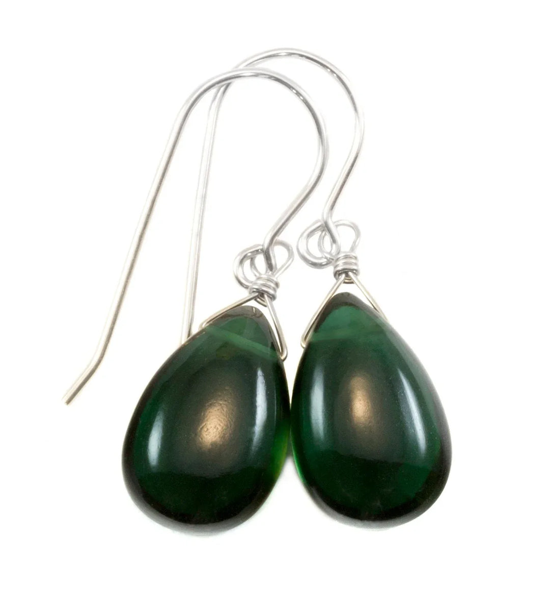 Quartz Earrings Simulated Green Smooth Teardrop Pear Drop Sterling Silver or 14k solid Gold or Filled Dainty Simple Green Dark Color Drops - Spyglass Designs