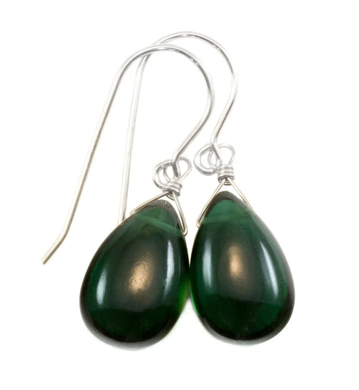 Quartz Earrings Simulated Green Smooth Teardrop Pear Drop Sterling Silver or 14k solid Gold or Filled Dainty Simple Green Dark Color Drops - Spyglass Designs