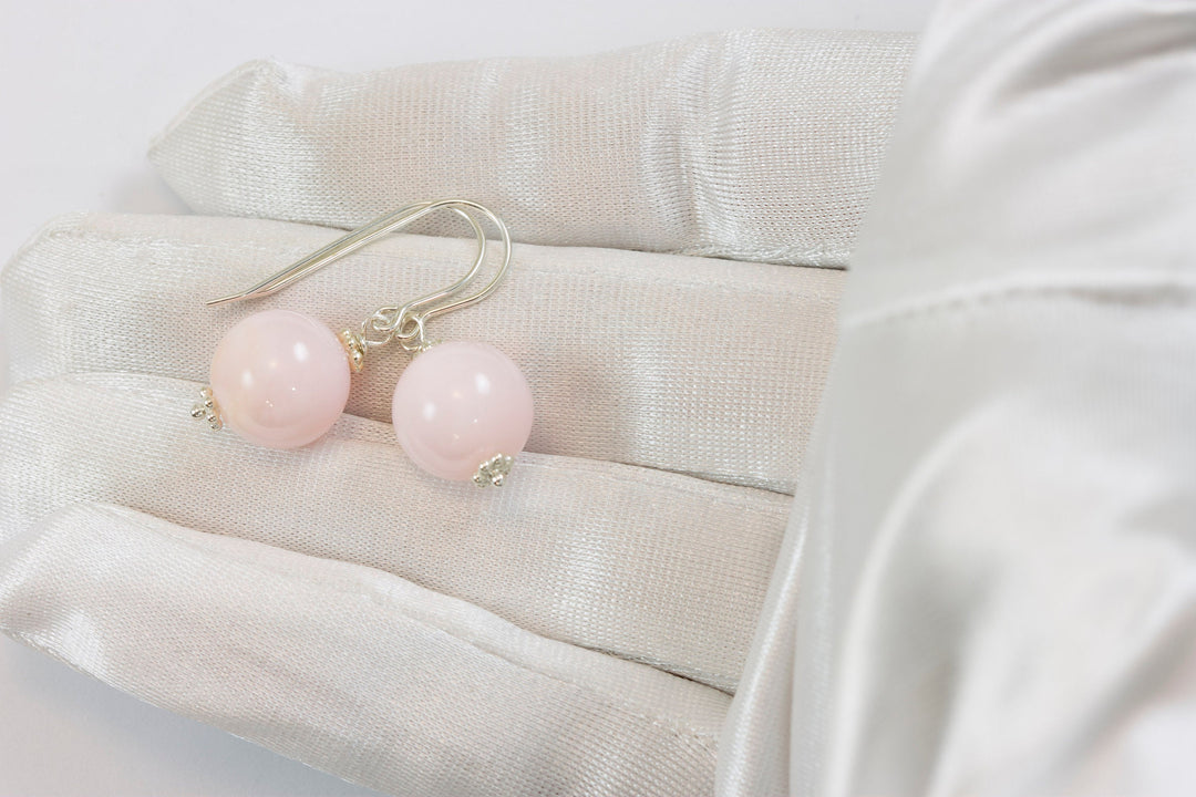 Pink Peruvian Opal Earrings Smooth Round drops 14k Solid Gold or Filled or Sterling Silver Natural Earthy soft pink dainty Spyglass Designs