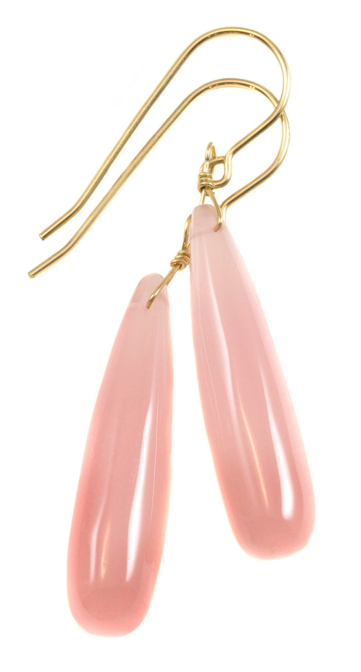 Pink Chalcedony Earrings Long Teardrop Smooth 14k Solid Gold or Filled orSterling Silver Skinny Pale Soft Pink Natural Drops Narrow 2 Inch