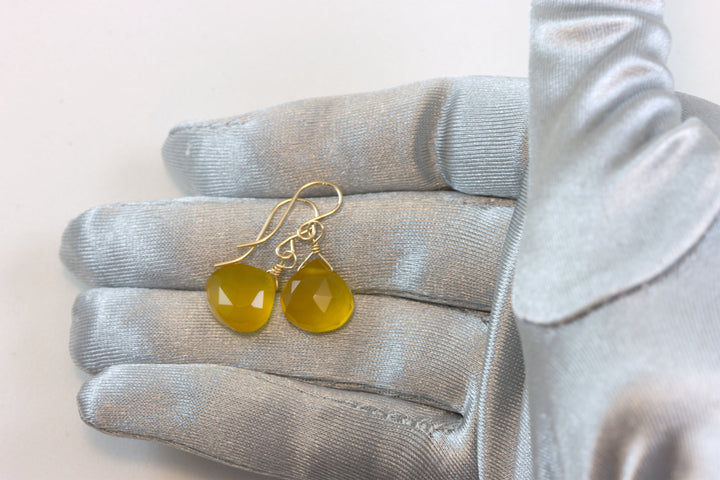Yellow Chalcedony Earrings Teardrop Faceted Heart 14k Solid Gold or Filled or Sterling Silver Spyglass Designs cheery Dainty bright unique