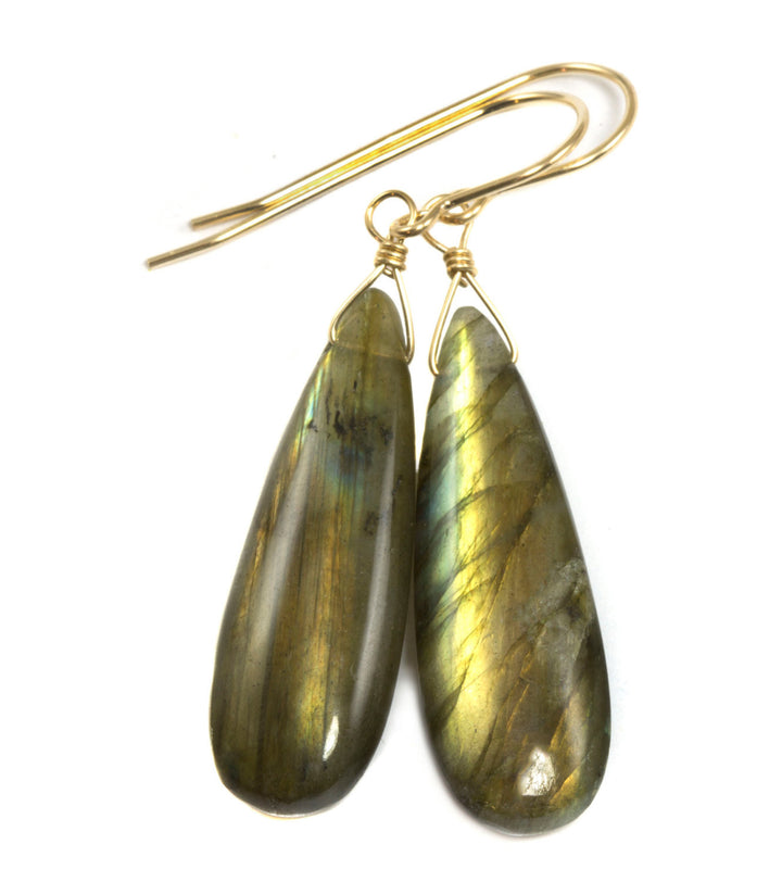 AAA Labradorite Smooth Long Teardrop Large Solid 14k Gold or Filled yellow gold or Sterling Silver Earrings Gold Green Blue Flash simple